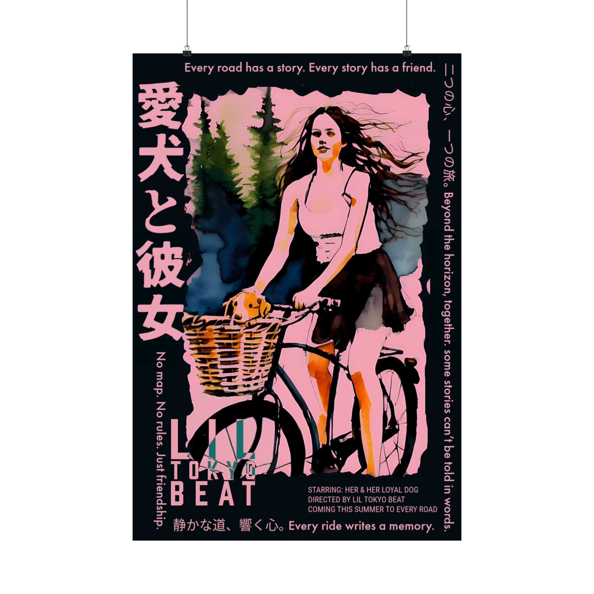vertical movie poster print, japanese kanji design, matte wall art, girl with dog, anime artwork, graphic poster