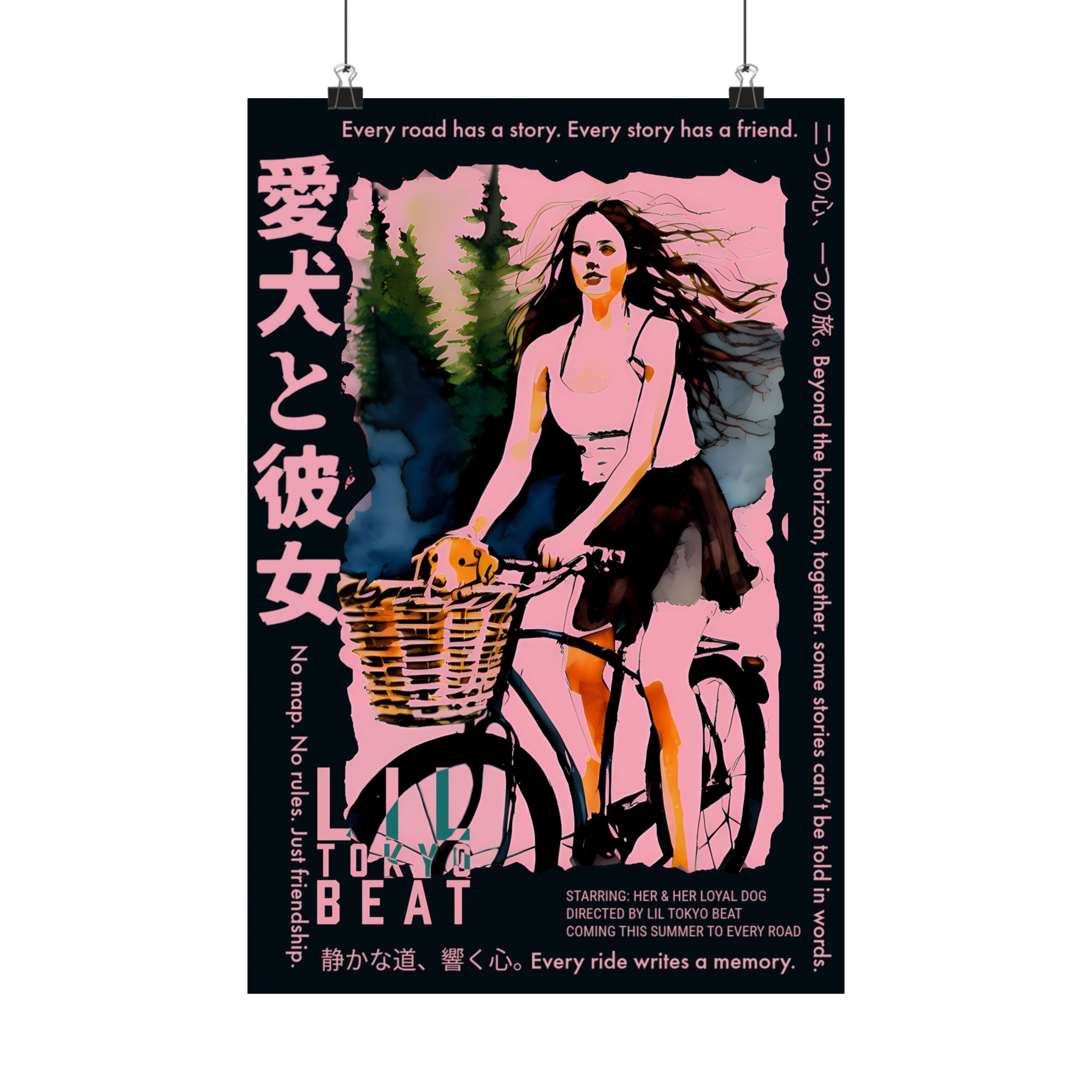 vertical movie poster print, japanese kanji design, matte wall art, girl with dog, anime artwork, graphic poster