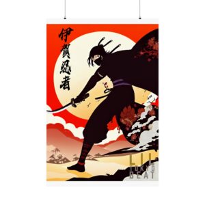 ninja wall art, samurai decor, matte vertical posters, red sun warrior print, japanese poster, asian home decor, oriental art, unique wall