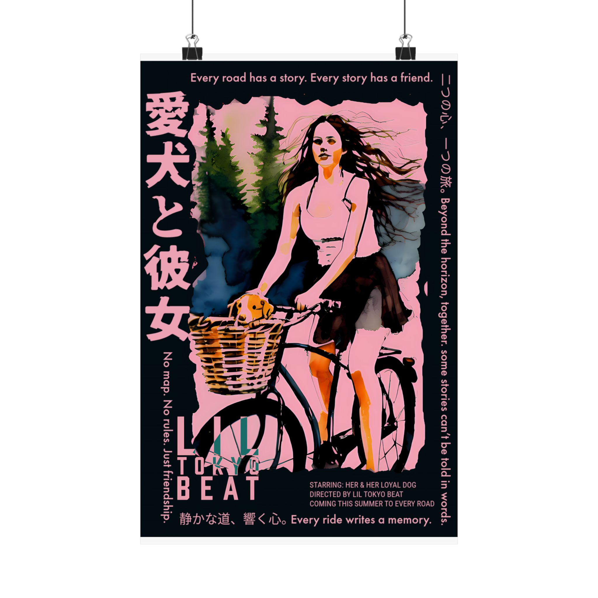 vertical movie poster print, japanese kanji design, matte wall art, girl with dog, anime artwork, graphic poster