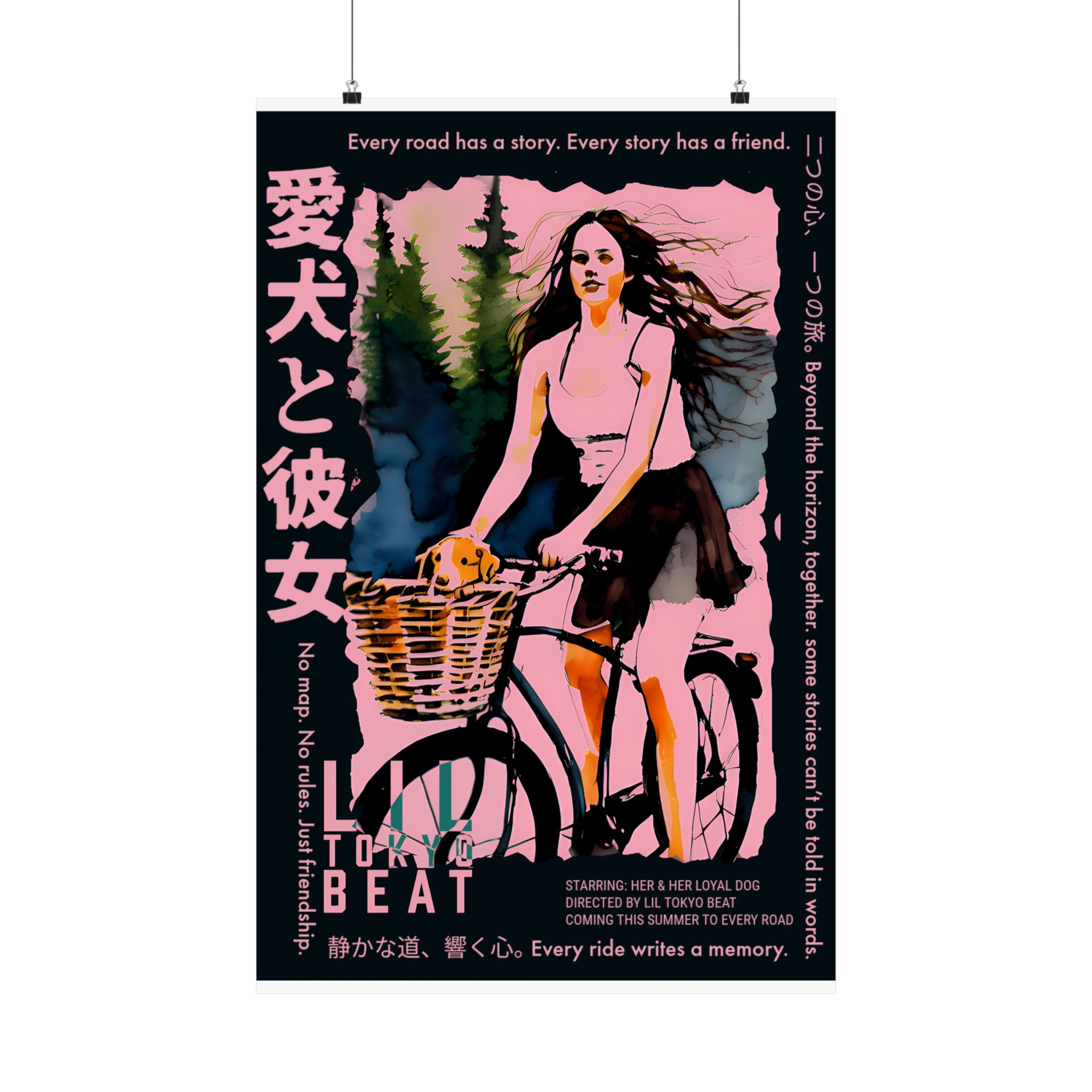 vertical movie poster print, japanese kanji design, matte wall art, girl with dog, anime artwork, graphic poster