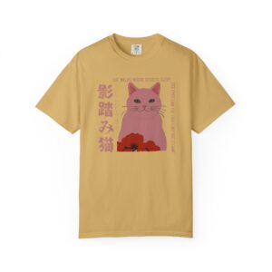 Shadow Cat & Poppies Graphic Tee | Aesthetic Japanese Streetwear, Unisex Shirt, Garment-Dyed Tshirt, Trendy Cat Lover Gift, Minimalist, t0