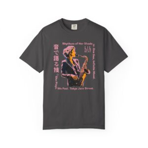 Saxophone Graphic Tee, Unisex Jazz T-shirt, Tokyo Urban Music Shirt, Japanese Design Top, Garment-Dyed Cotton Clothing, t0