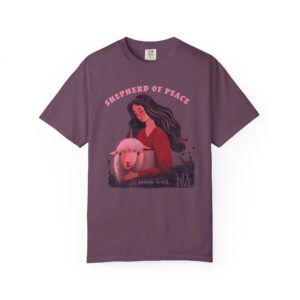 Shepherd of Peace Graphic T-Shirt (Woman with Lamb) | Isaiah 40:11 Tee | Christian Art Shirt by Lil Tokyo Beat, t0