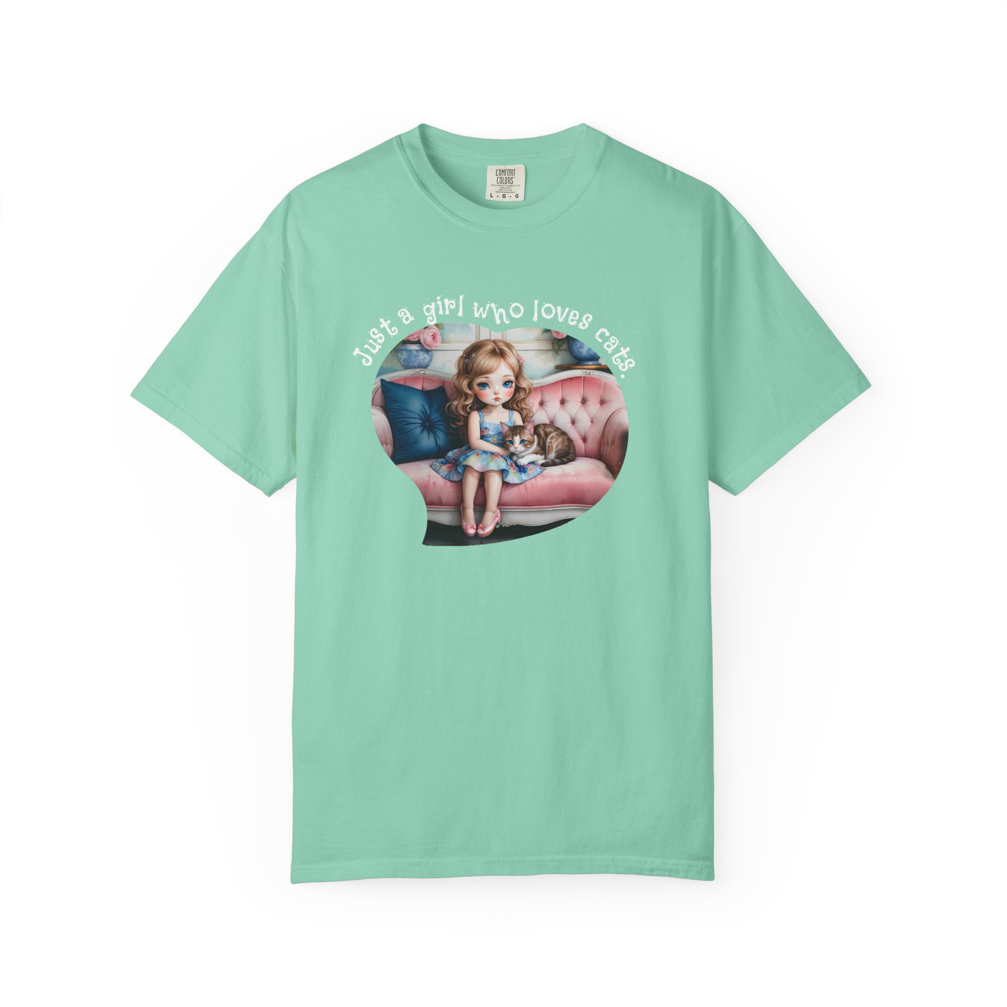 Just a Girl Who Loves Cats T-Shirt — Cute Retro Girl on Couch Cat Tee, t7 - Image 12