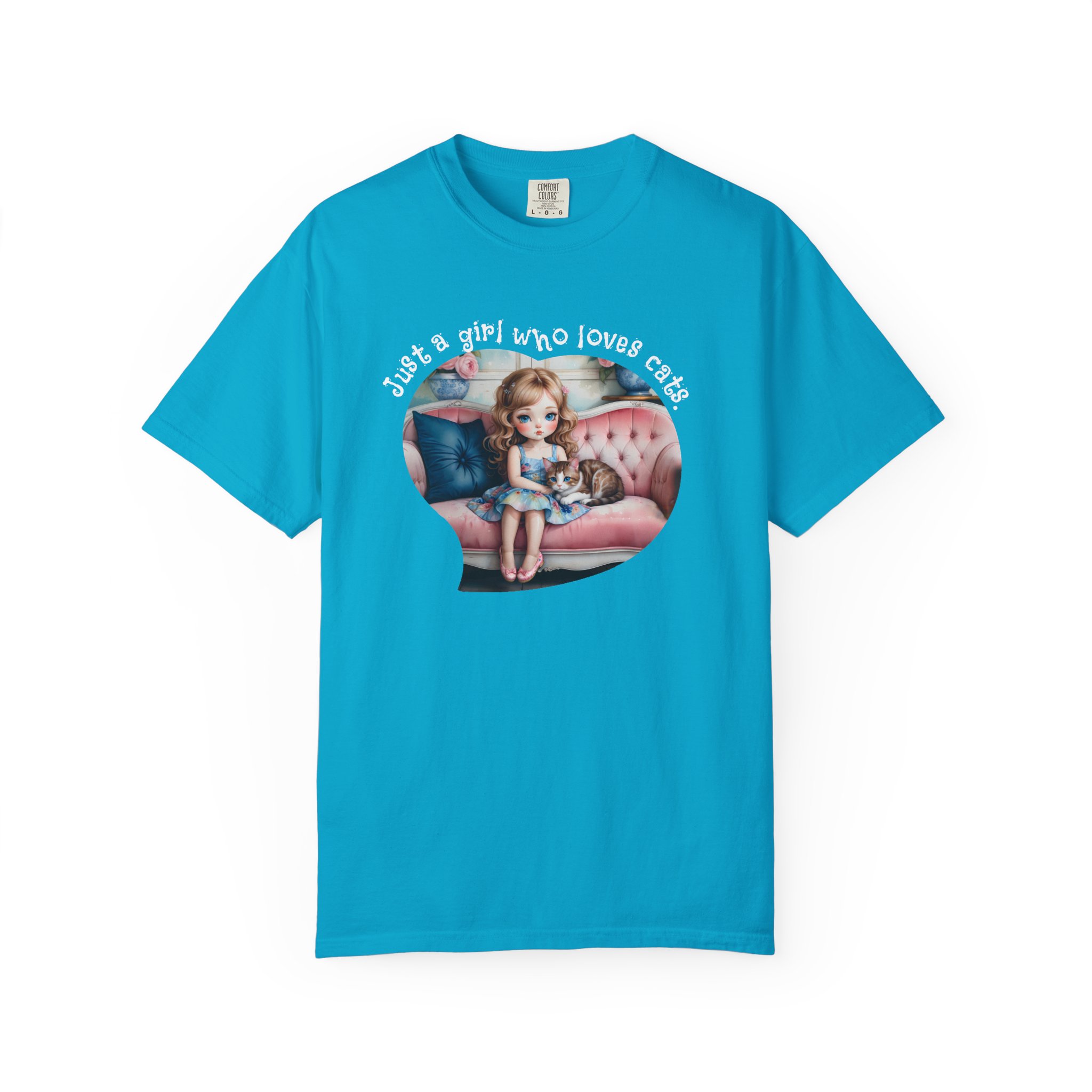 Just a Girl Who Loves Cats T-Shirt — Cute Retro Girl on Couch Cat Tee, t7 - Image 3
