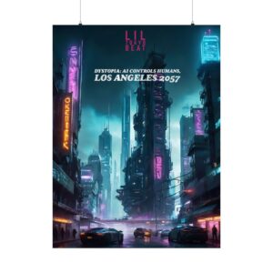 Vertical Poster, Dystopia AI Controls Humans - Cyberpunk LA 2057 Sci-Fi Wall Art, Futuristic Print, Matte Decoration, Cool Room Decor,