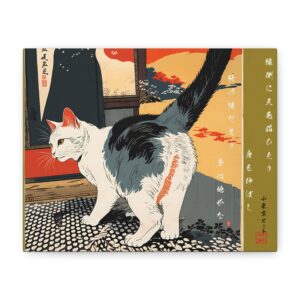 whimsical cat art canvas, stretched wall decor, cat lover gift, japanese art print, home decor, unique art piece