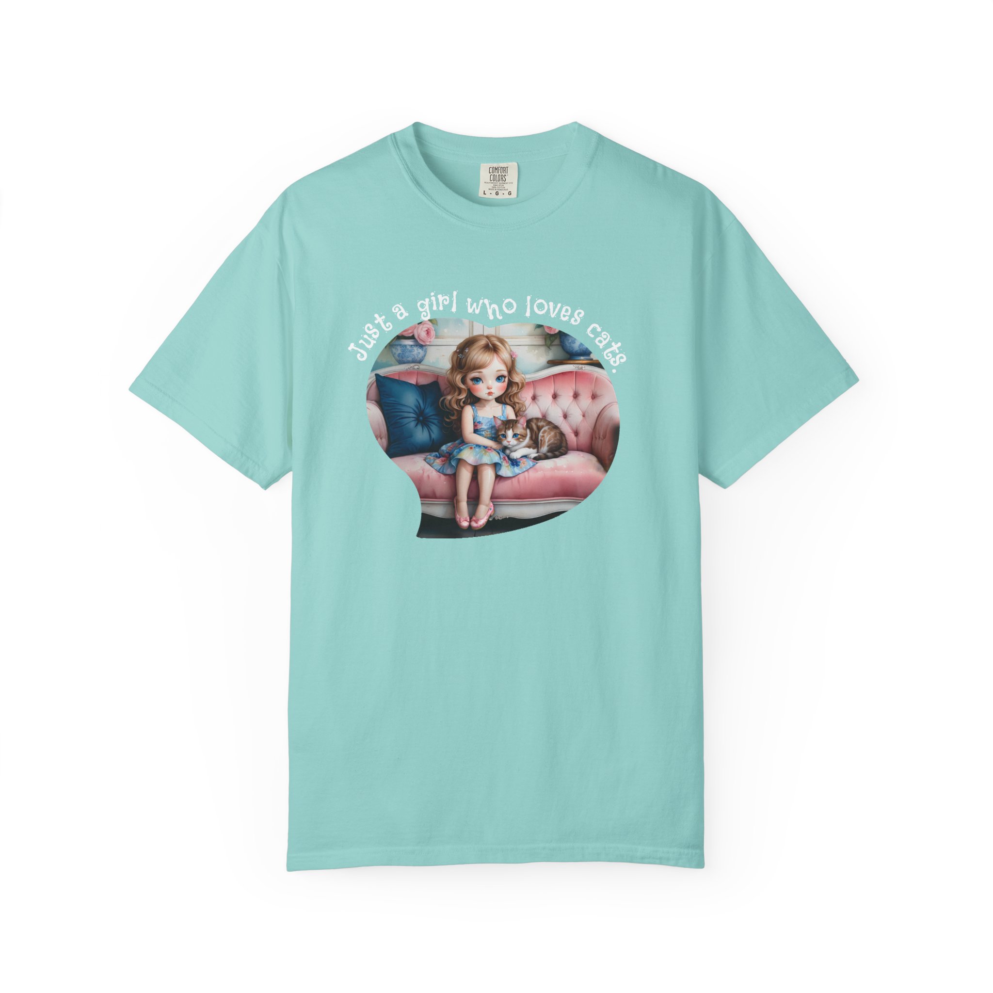 Just a Girl Who Loves Cats T-Shirt — Cute Retro Girl on Couch Cat Tee, t7 - Image 13