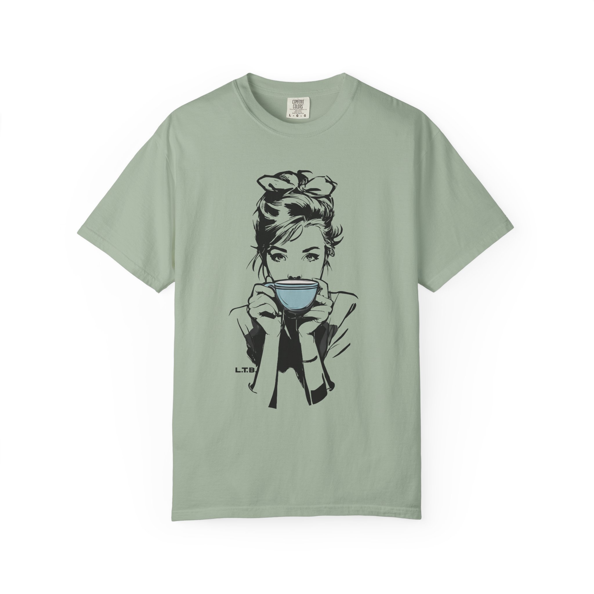 Old Hollywood Tea Cup Girl T-Shirt | Minimal Caffeine Illustration Tee - Image 5