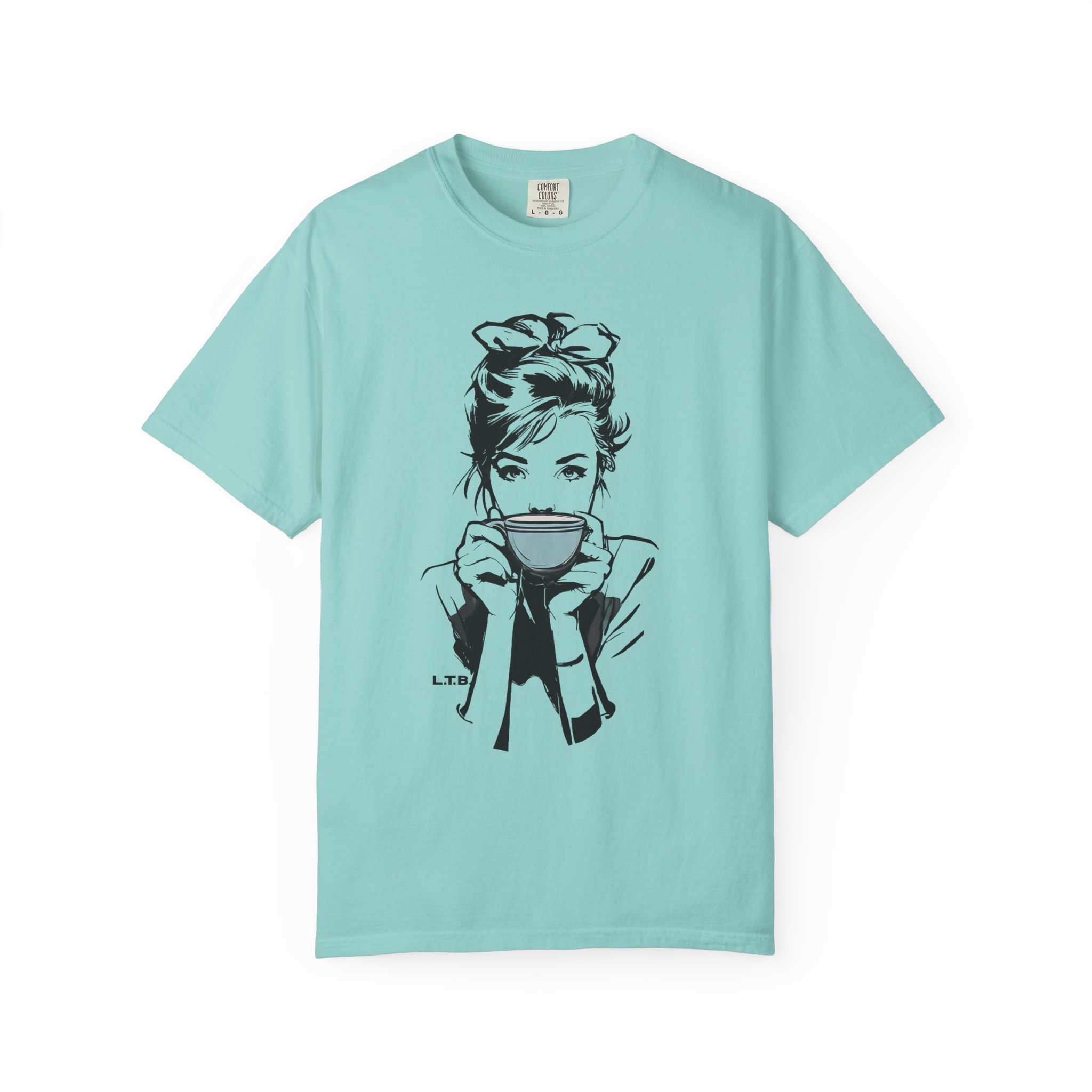 Old Hollywood Tea Cup Girl T-Shirt | Minimal Caffeine Illustration Tee - Image 7