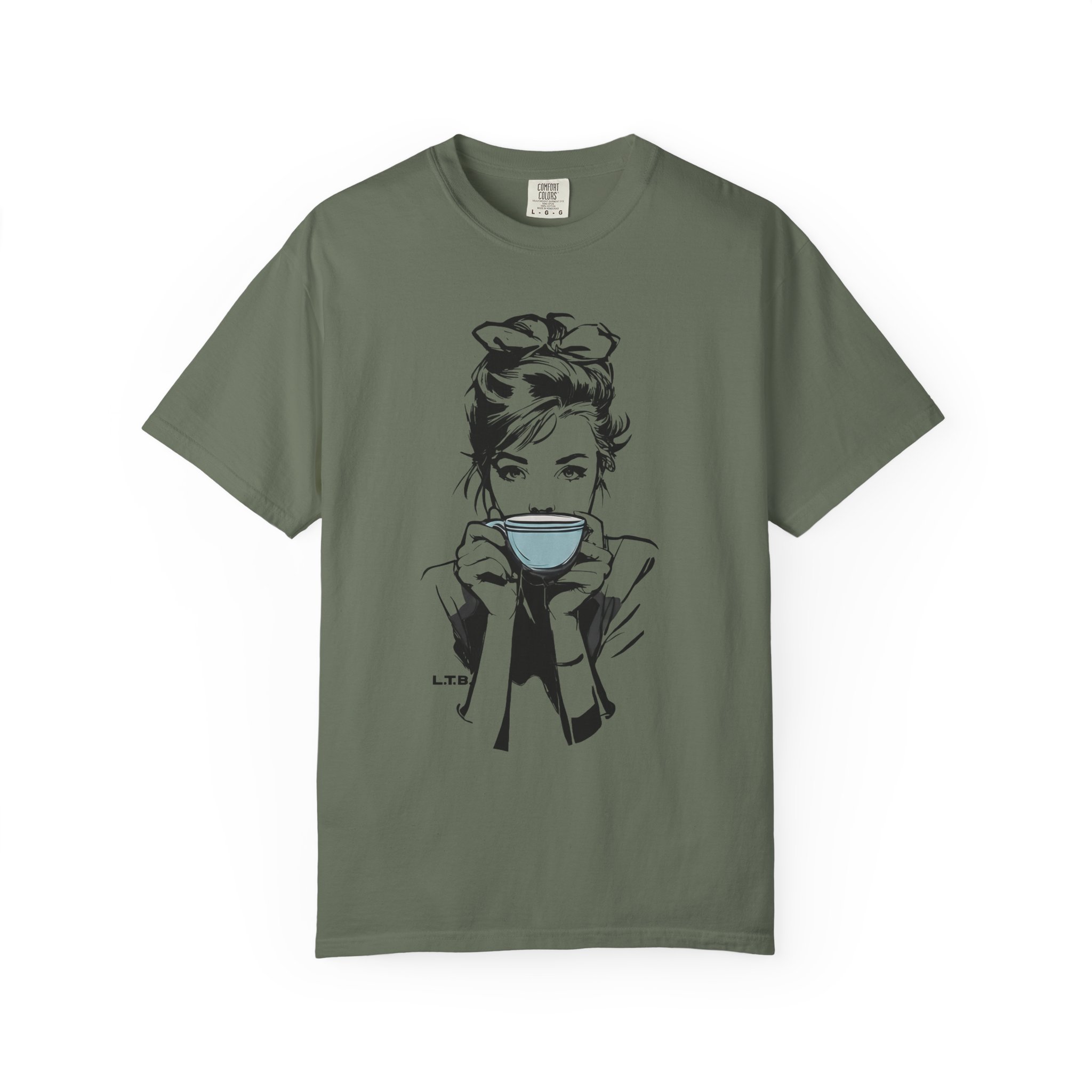 Old Hollywood Tea Cup Girl T-Shirt | Minimal Caffeine Illustration Tee - Image 6