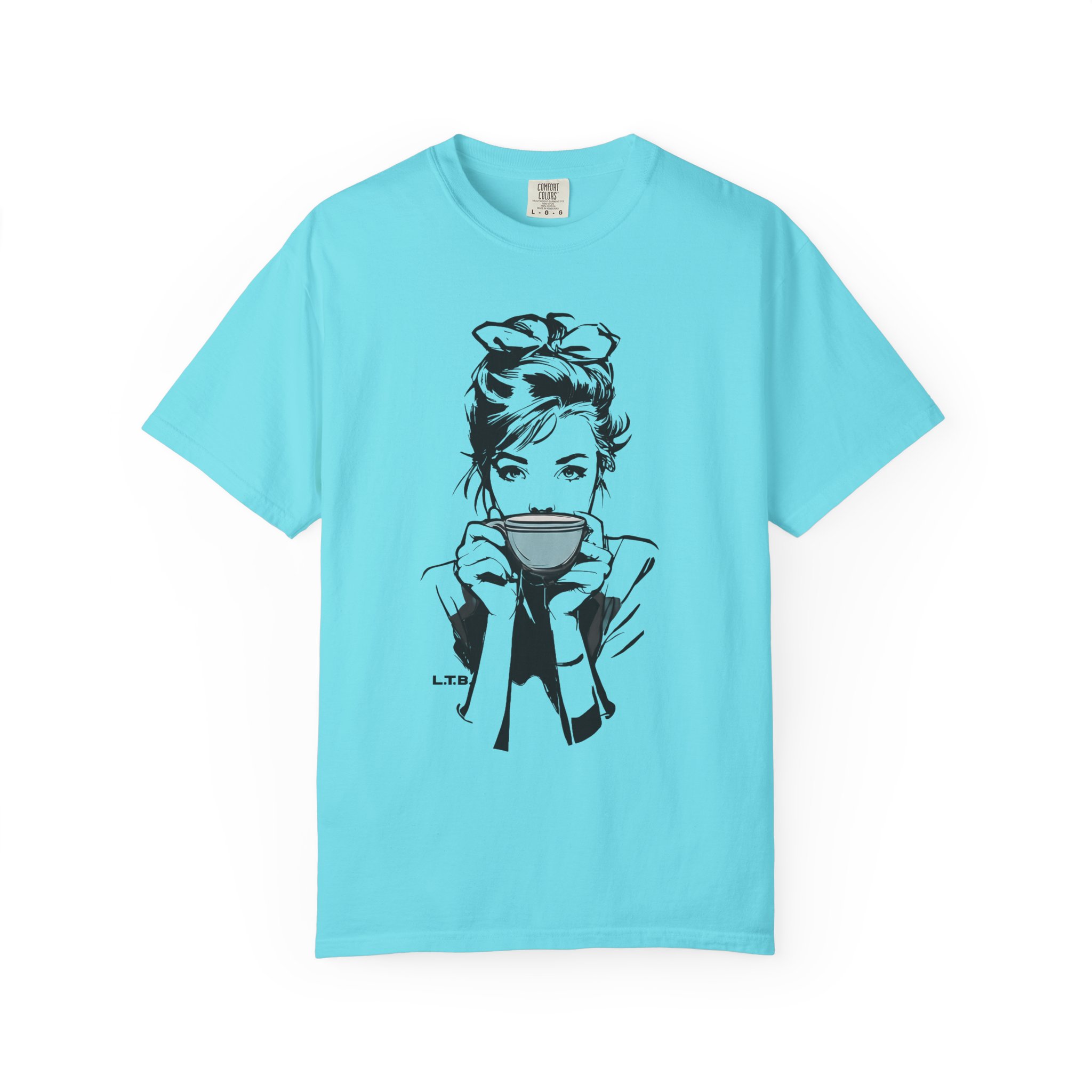 Old Hollywood Tea Cup Girl T-Shirt | Minimal Caffeine Illustration Tee - Image 9