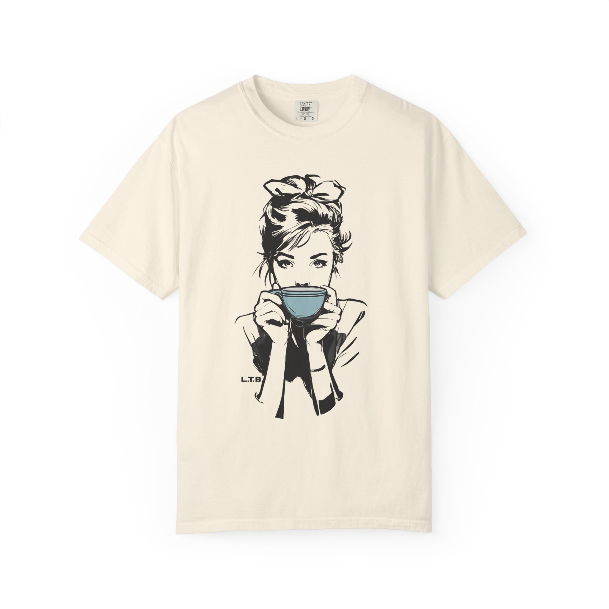 Old Hollywood Tea Cup Girl T-Shirt | Minimal Caffeine Illustration Tee - Image 3