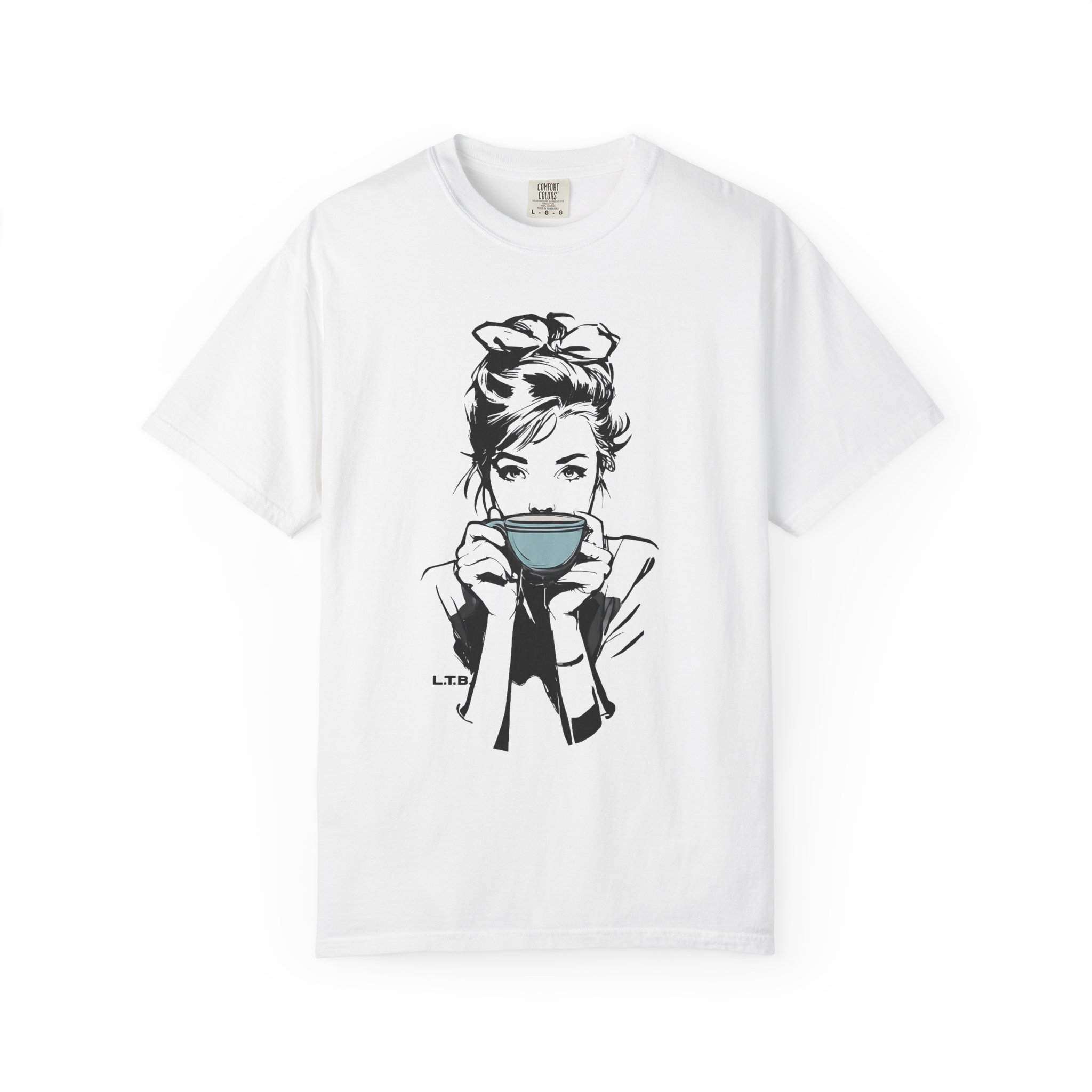 Old Hollywood Tea Cup Girl T-Shirt | Minimal Caffeine Illustration Tee