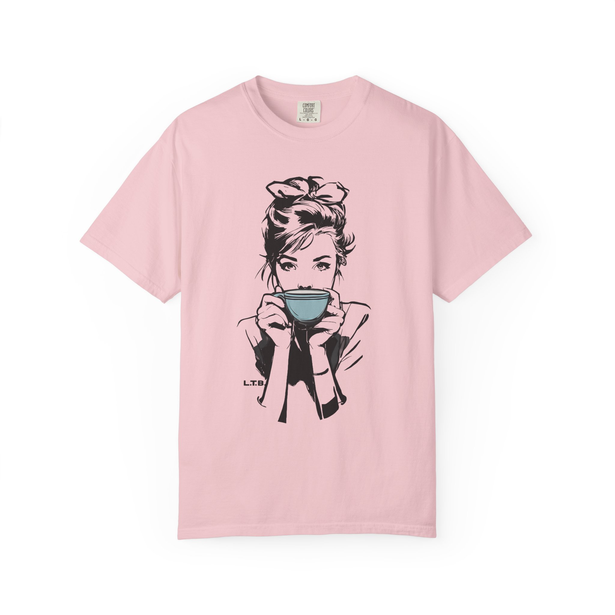 Old Hollywood Tea Cup Girl T-Shirt | Minimal Caffeine Illustration Tee - Image 13