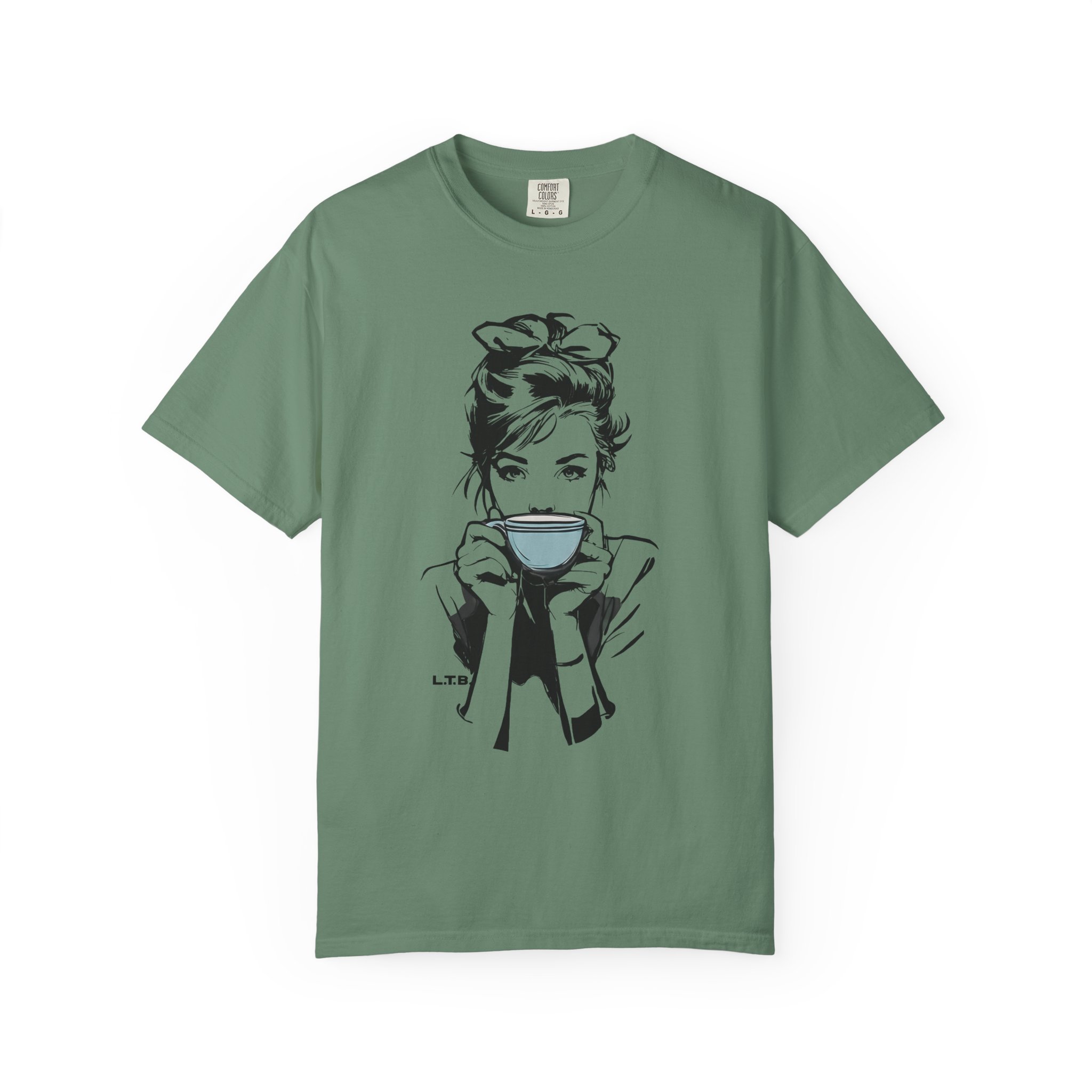 Old Hollywood Tea Cup Girl T-Shirt | Minimal Caffeine Illustration Tee - Image 8