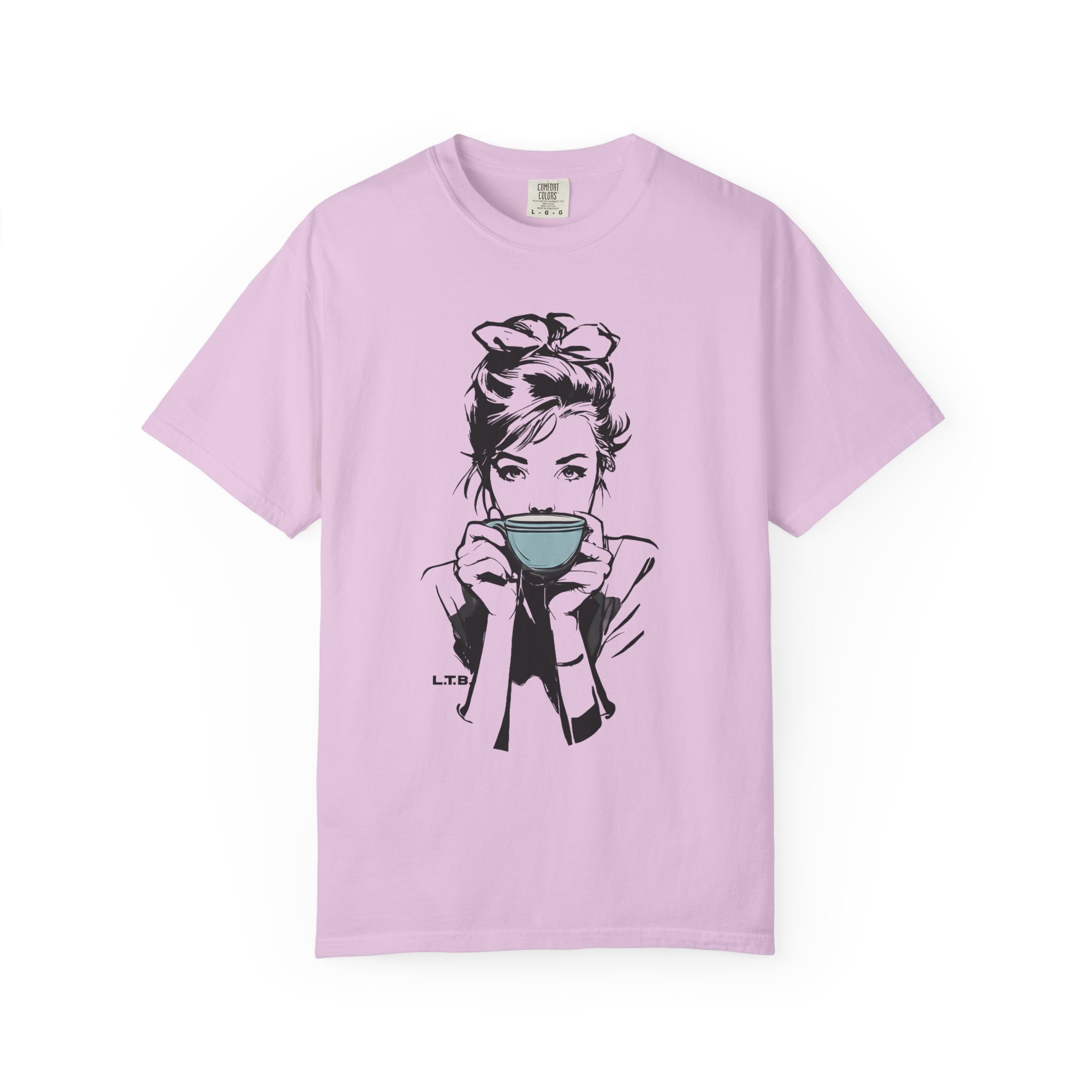 Old Hollywood Tea Cup Girl T-Shirt | Minimal Caffeine Illustration Tee - Image 12