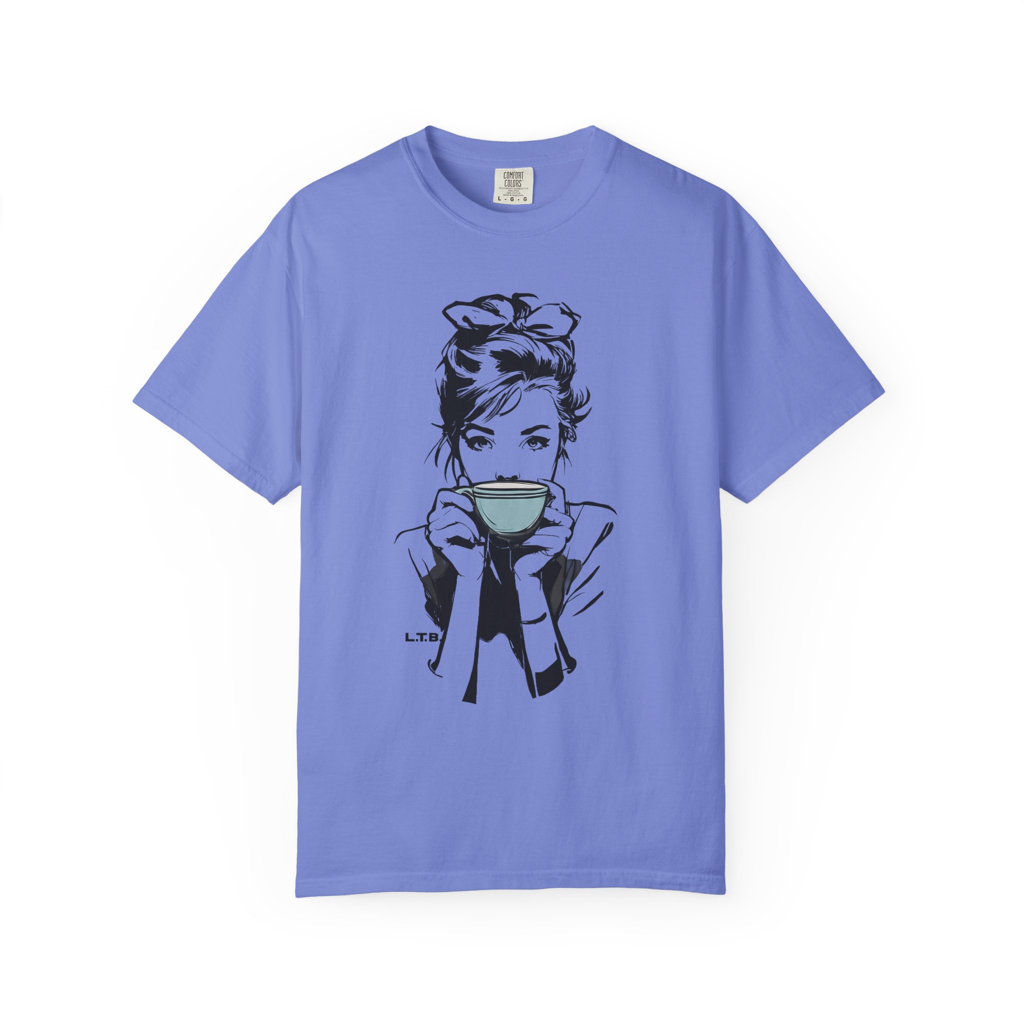 Old Hollywood Tea Cup Girl T-Shirt | Minimal Caffeine Illustration Tee - Image 11