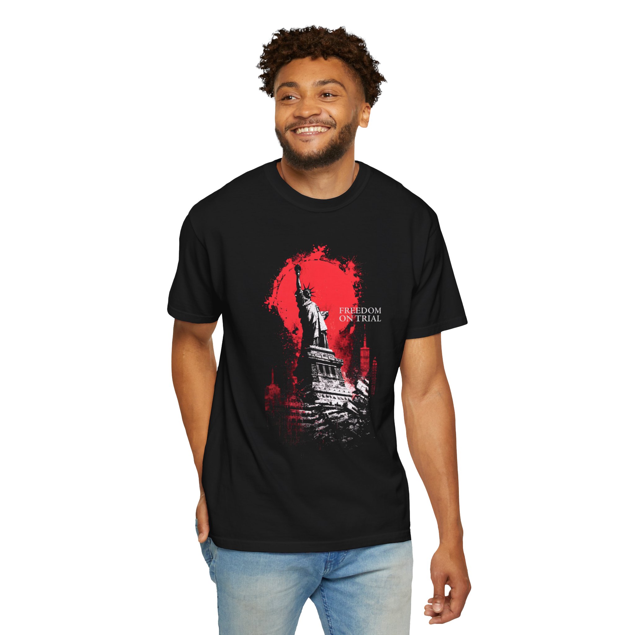 Freedom on Trial Protest T-Shirt — Statue of Liberty Political Art Tee - Image 2