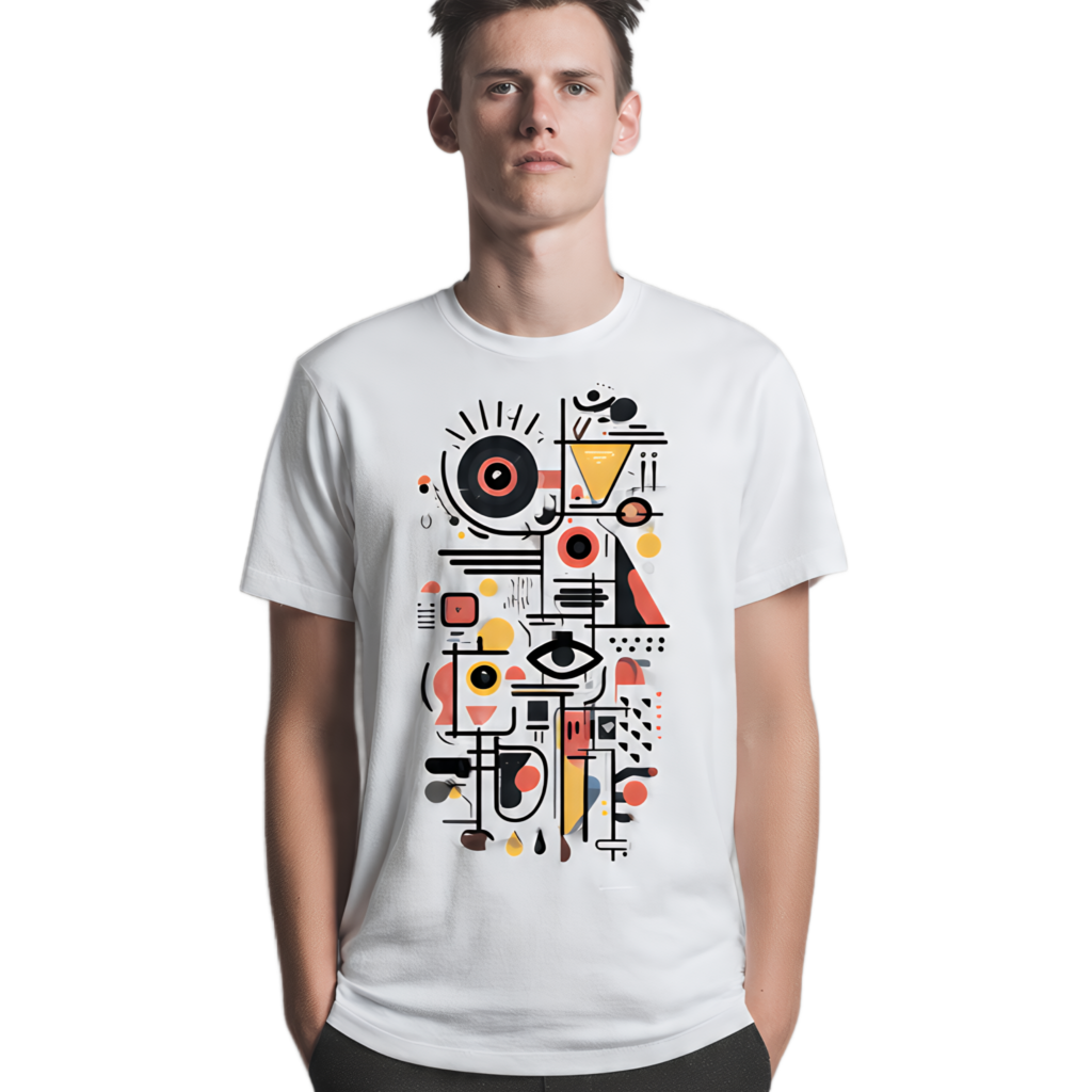Abstract geometric art T-shirt featuring modern symbols, shapes, and bold color accents