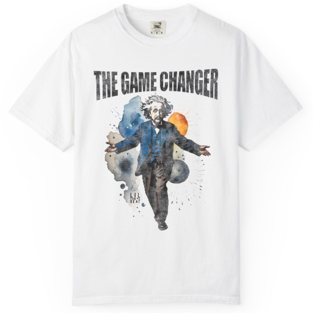 Abstract illustration of a visionary thinker with cosmic elements and the phrase “The Game Changer” on a white T-shirt.