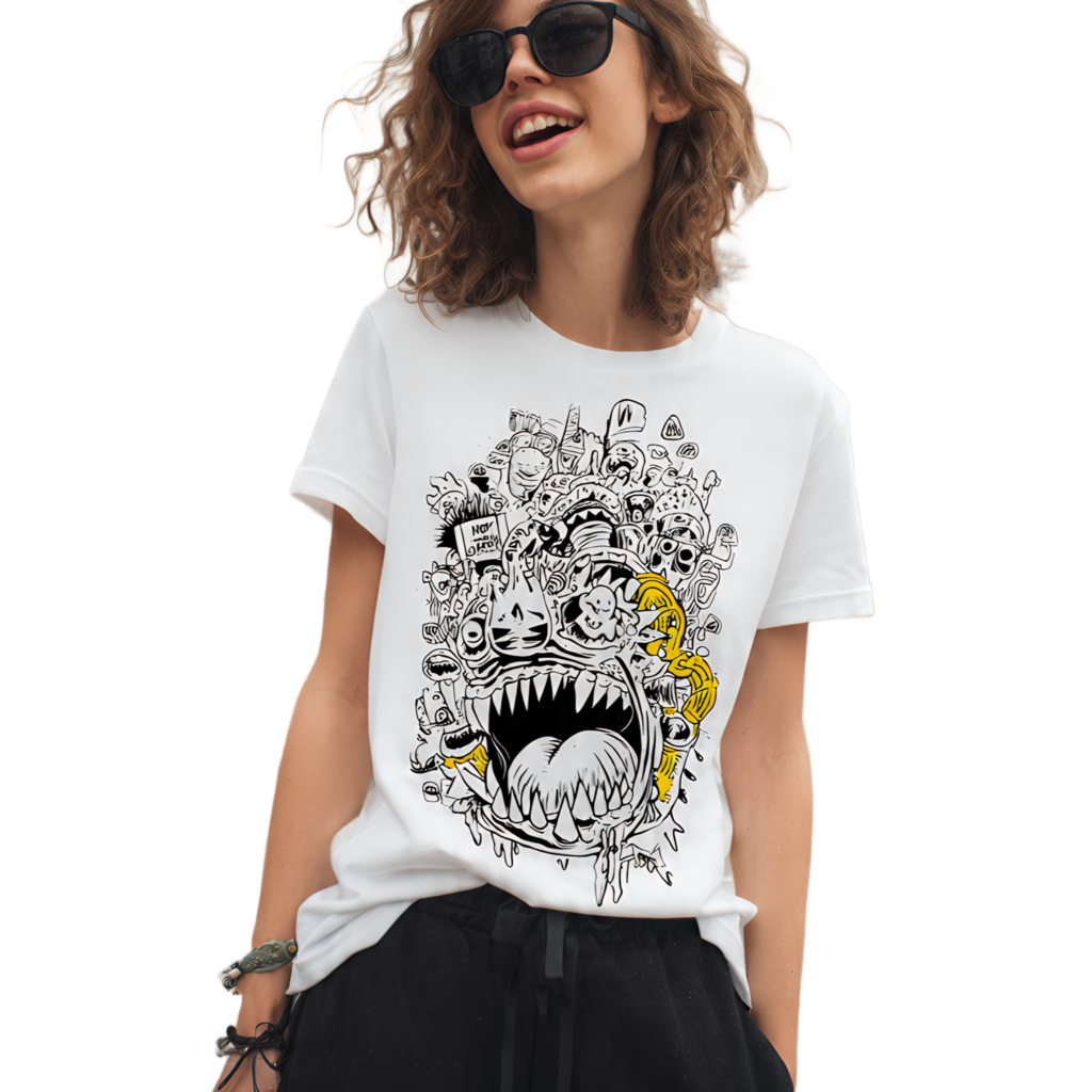 Woman wearing a fantasy-inspired graphic T-shirt with bold surreal illustration