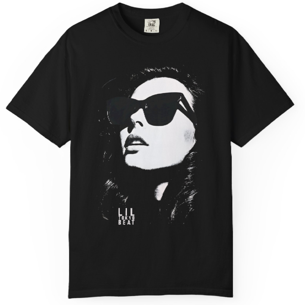 Black fashion T-shirt with monochrome portrait of a woman wearing sunglasses