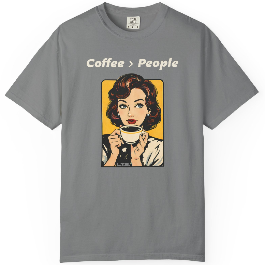 Retro-style illustration of a woman holding a coffee cup on a humorous graphic T-shirt