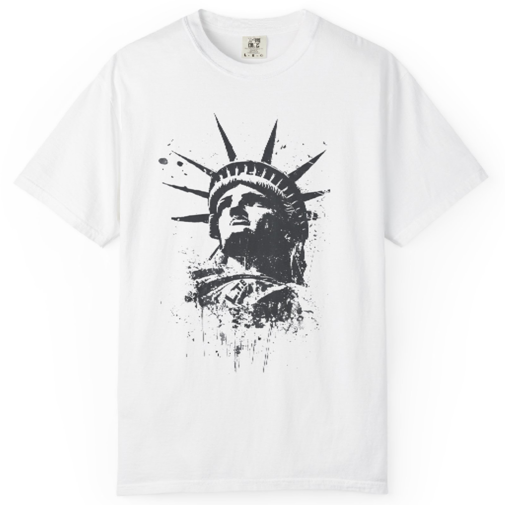Statue of Liberty graphic T-shirt in distressed ink style with bold monochrome contrast