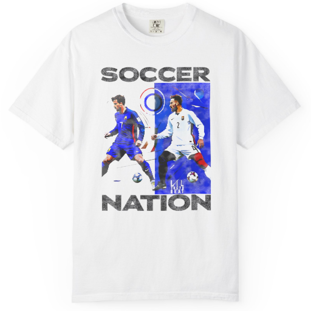 Soccer-inspired graphic T-shirt featuring two players in dynamic motion and national colors