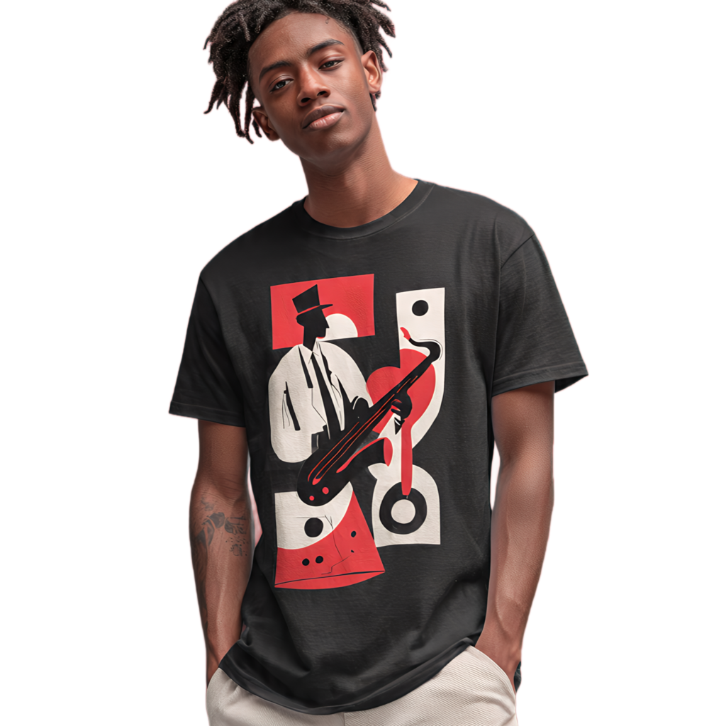 Man wearing a jazz-inspired graphic T-shirt featuring abstract saxophone artwork