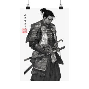 Samurai Warrior Matte Vertical Poster — Monochrome Japanese Armor Art