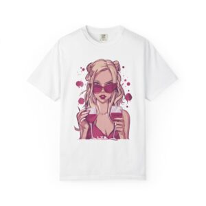 Wine Girl Graphic T-Shirt — Stylish Retro Woman Holding Two Glasses