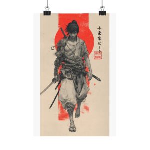 Samurai Warrior Matte Vertical Poster — Vintage Red Sun Japanese Art Print