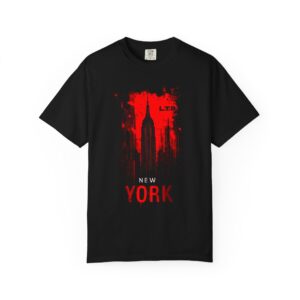 New York Skyline T-Shirt — Red Grunge Empire State Graphic Tee