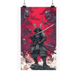 Samurai Warrior Matte Poster — Red Battle Scene Vertical Art Print