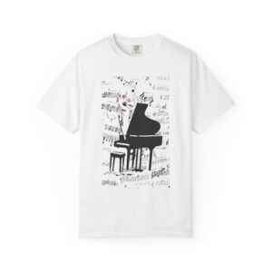 Grand Piano & Sheet Music T-Shirt — Elegant Jazz Music Art Graphic Tee
