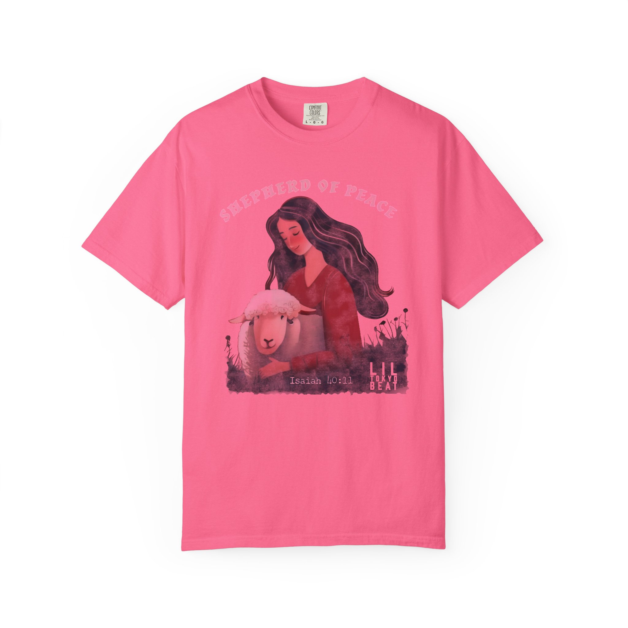 Shepherd of Peace Graphic T-Shirt (Woman with Lamb) | Isaiah 40:11 Tee | Christian Art Shirt by Lil Tokyo Beat, t0 - Image 12
