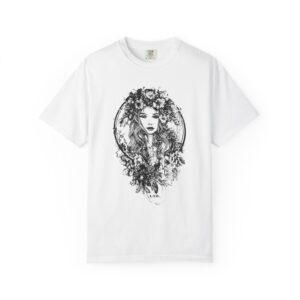 Floral Muse Portrait T-Shirt — Elegant Botanical Art Graphic Tee