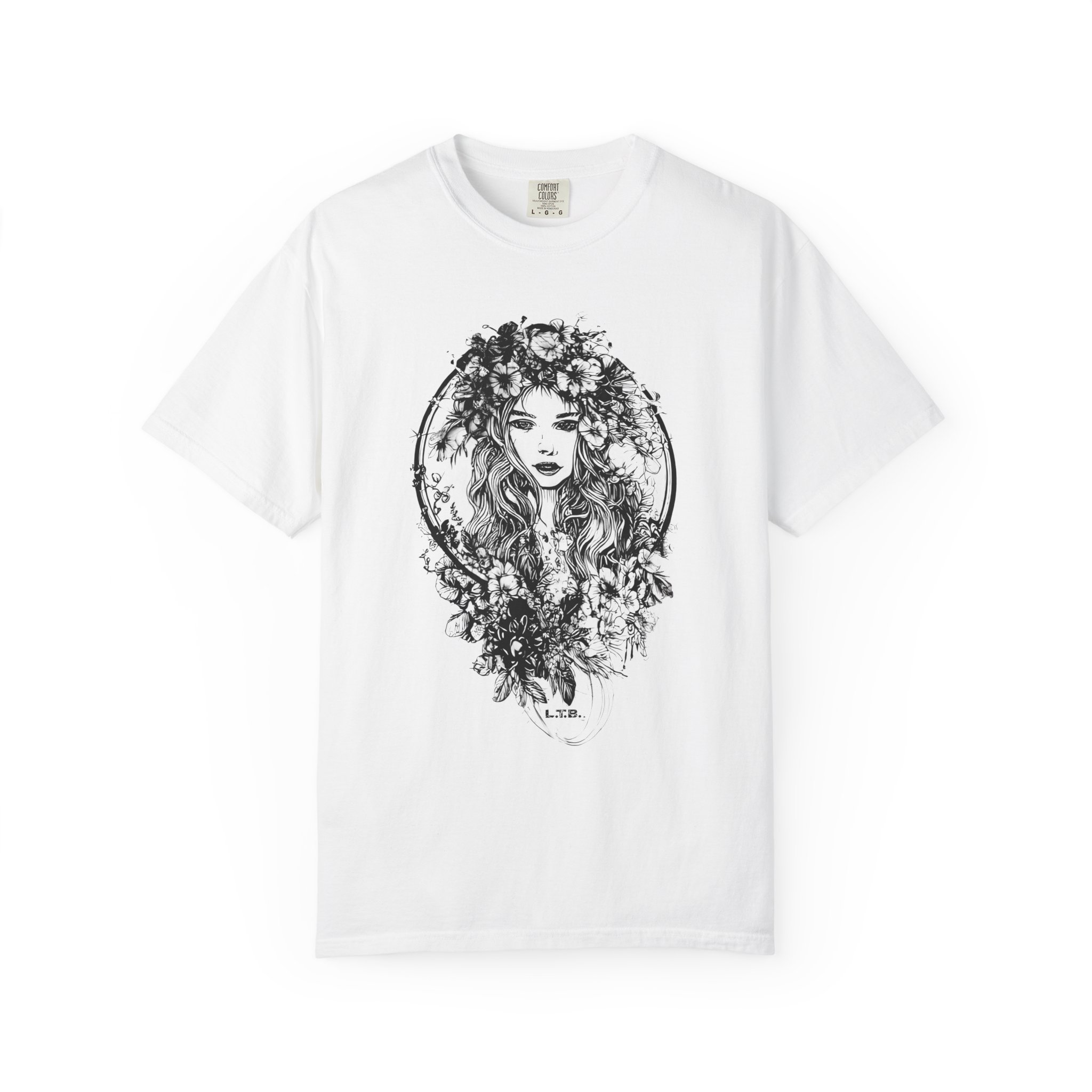 Floral Muse Portrait T-Shirt — Elegant Botanical Art Graphic Tee