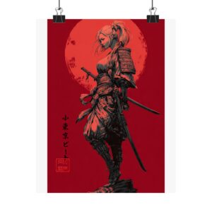 Samurai Woman Poster — Red Moon Warrior Side Profile Matte Vertical Poster