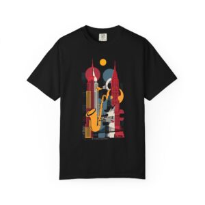 Retro New York Skyline T-Shirt — Jazz Sax & Cityscape Graphic