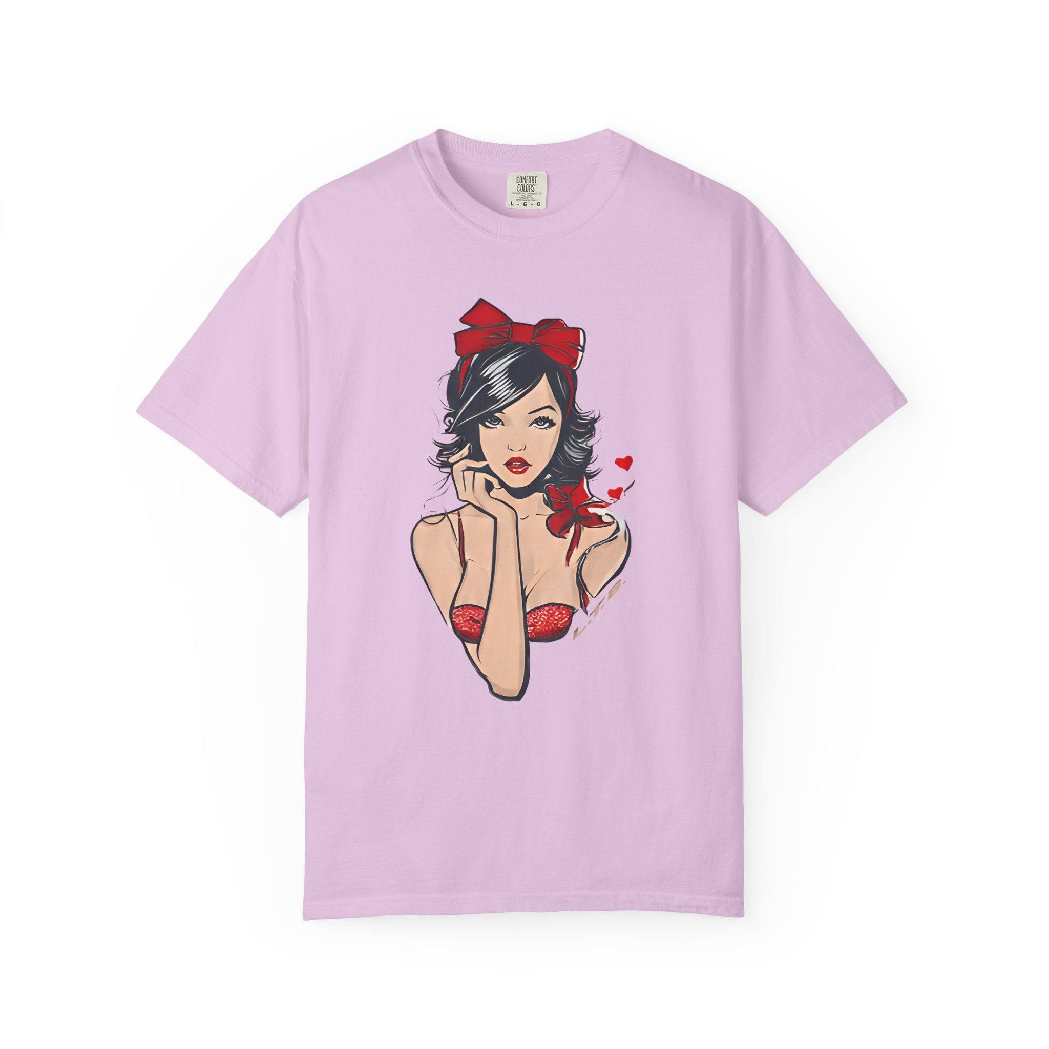 Valentine Pin-Up Girl Tee – Retro Romantic Vintage Art with Red Ribbon T-Shirt - Image 10