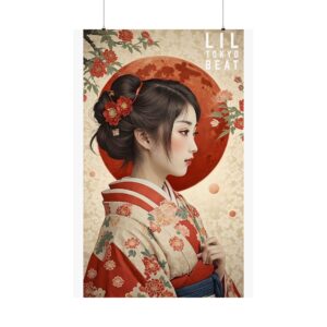 Vertical Poster, Japanese Woman Kimono: Red Moon & Floral Wall Art, Matte Print Home Decor, Asian Artwork, Unique Wall Hanging, Boho Chic