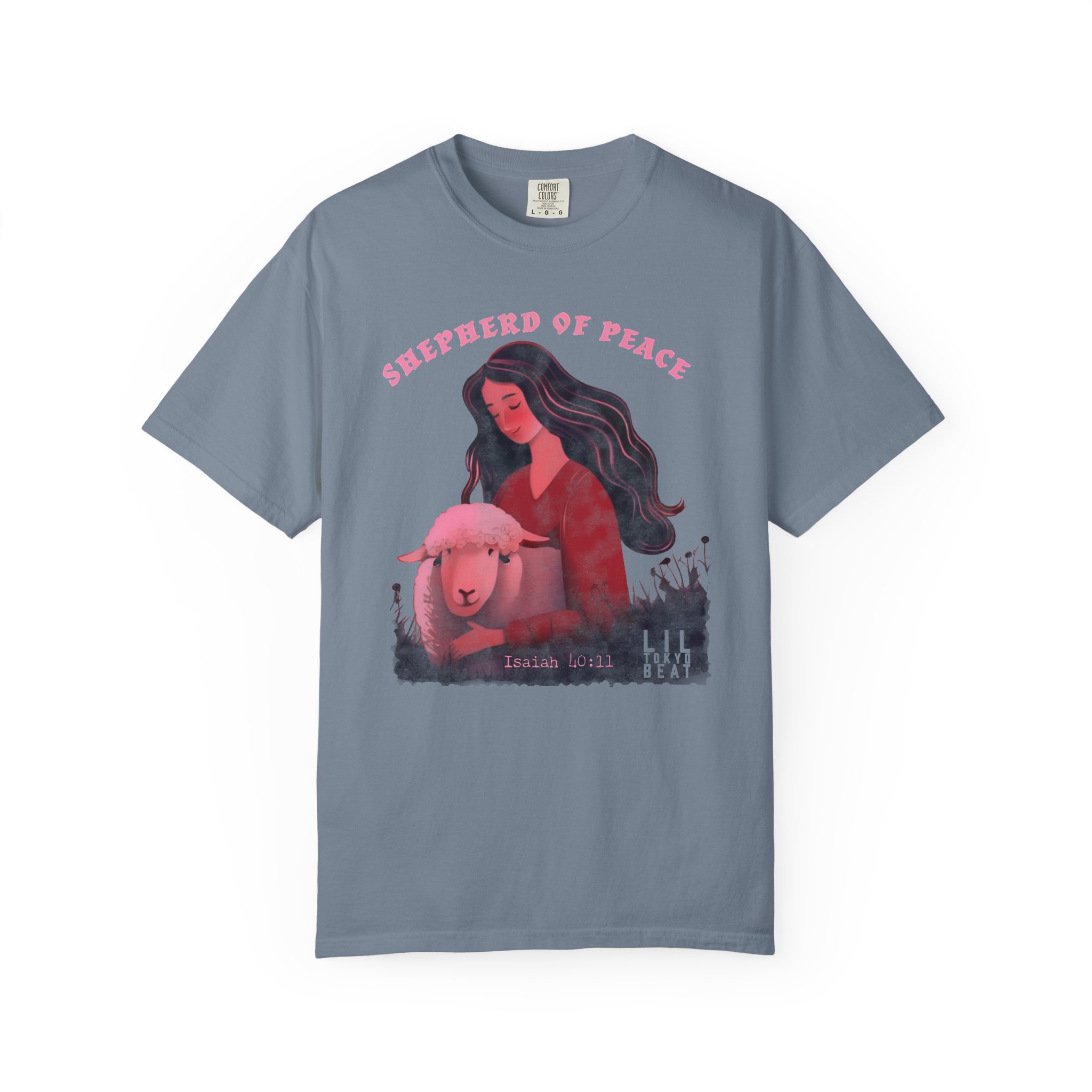 Shepherd of Peace Graphic T-Shirt (Woman with Lamb) | Isaiah 40:11 Tee | Christian Art Shirt by Lil Tokyo Beat, t0 - Image 7