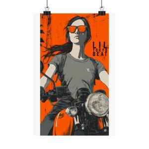 Motorcycle Girl Sunglasses Poster – Bold Orange Street Art Print | LTB