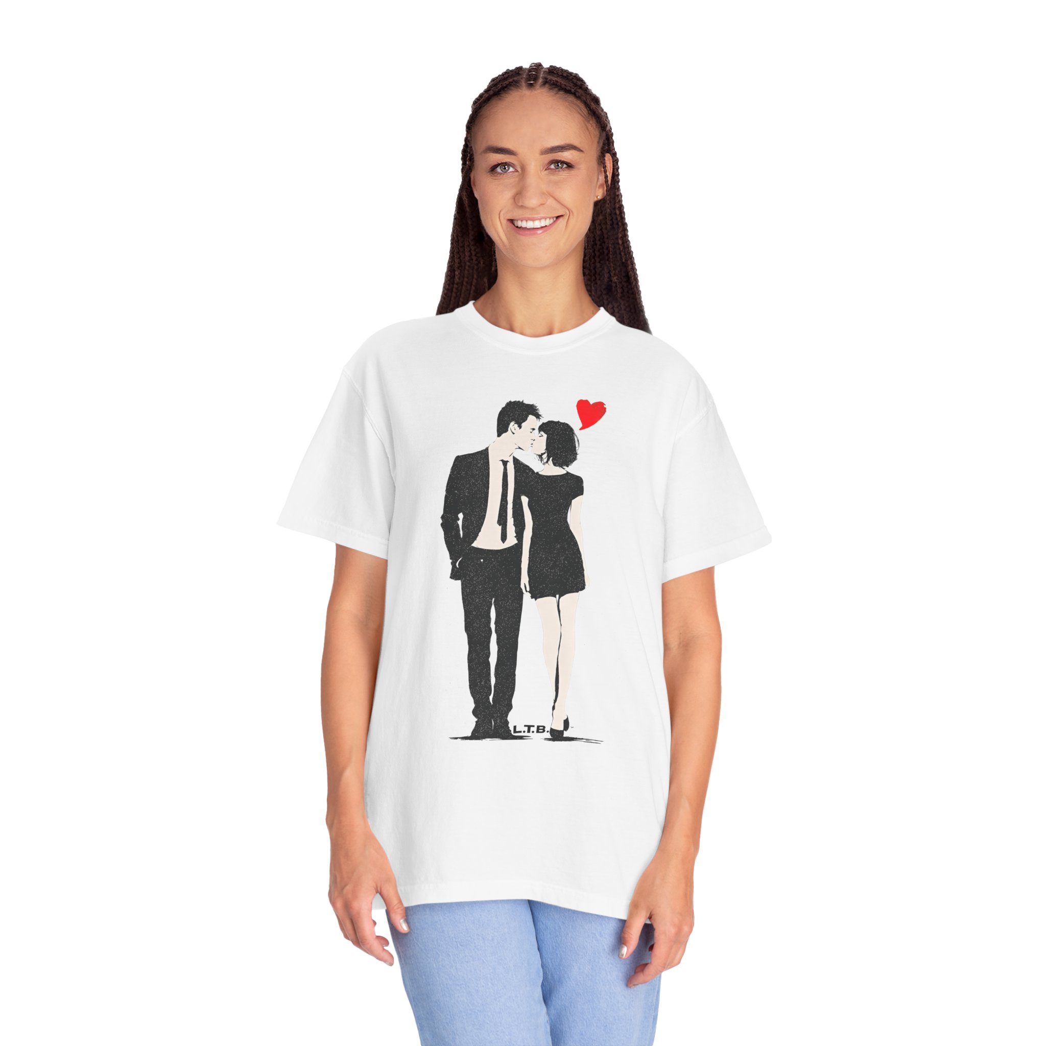 Couple Kiss T-Shirt — Retro Silhouette with Red Heart (Valentine’s Day, Romantic Tee) - Image 2