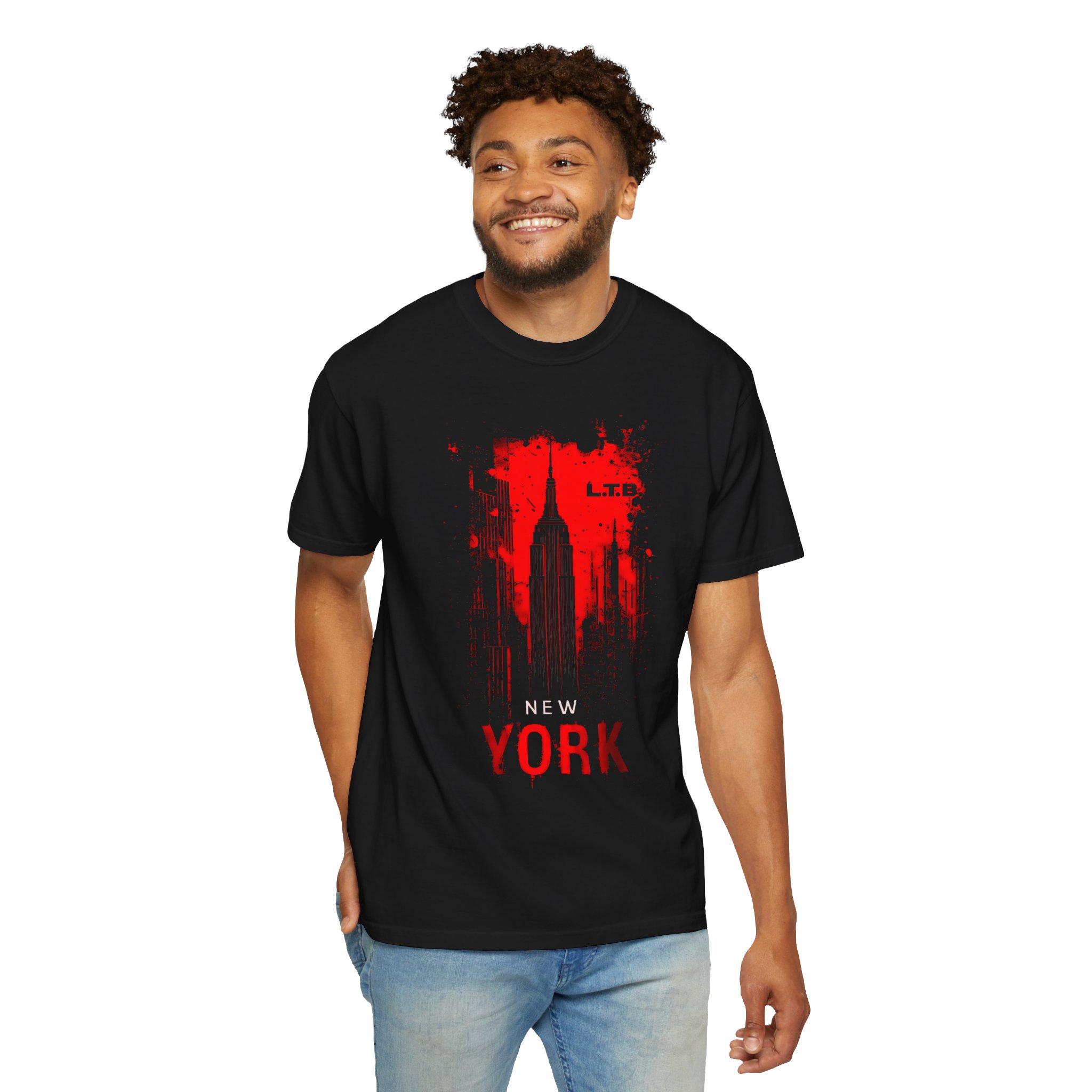 New York Skyline T-Shirt — Red Grunge Empire State Graphic Tee - Image 2