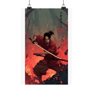 Blazing Samurai Warrior Poster — Fire Battle Japanese Art Print
